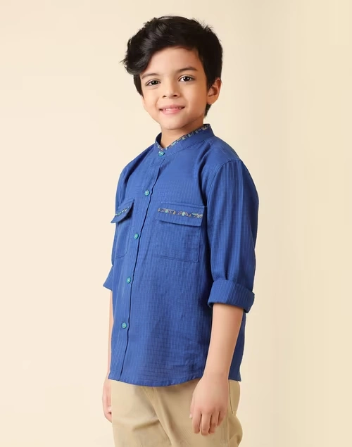 Blue Cotton Chinese Collar Shirt