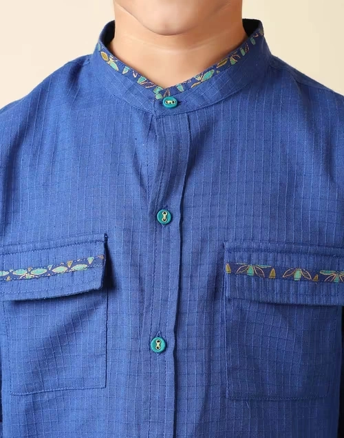 Blue Cotton Chinese Collar Shirt