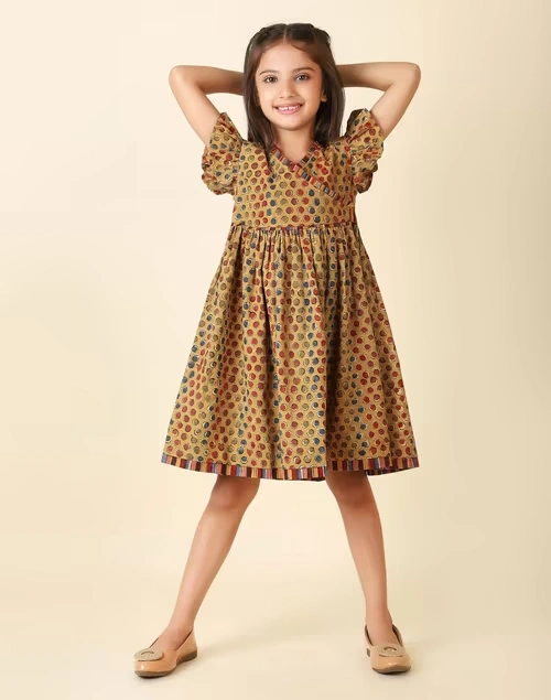 Beige Cotton Printed Dress