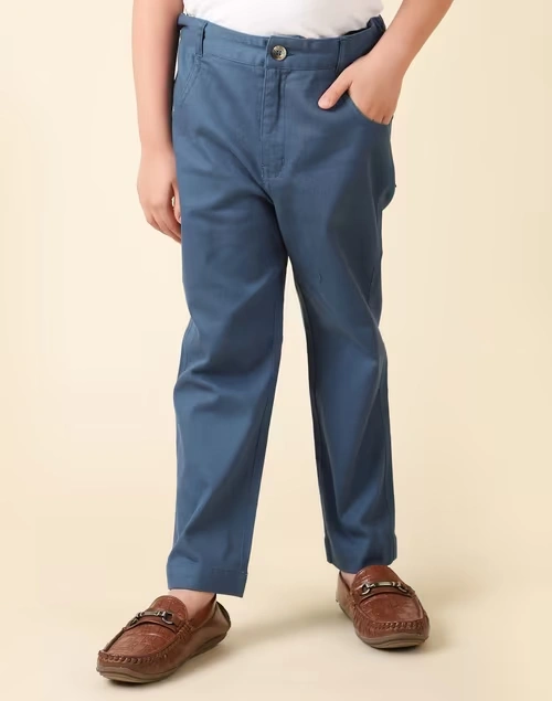Navy Cotton Pant With Horn Button