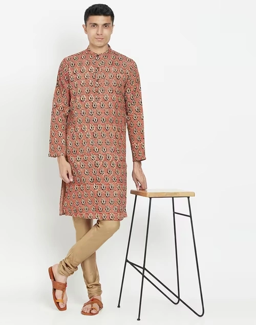 Beige Cotton Slim Fit Long Kurta 4 Beige Cotton Slim Fit Long Kurta