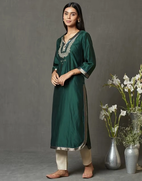 Cotton Silk Embroidered Long Kurta