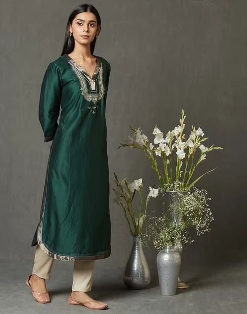 Cotton Silk Embroidered Long Kurta