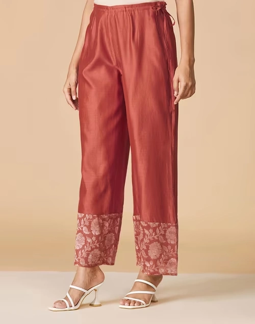 Orange Cotton Silk Embroidered Ijar Pant