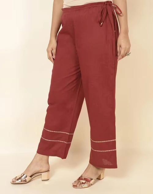 Maroon Cotton Embroidered Ijar Pant