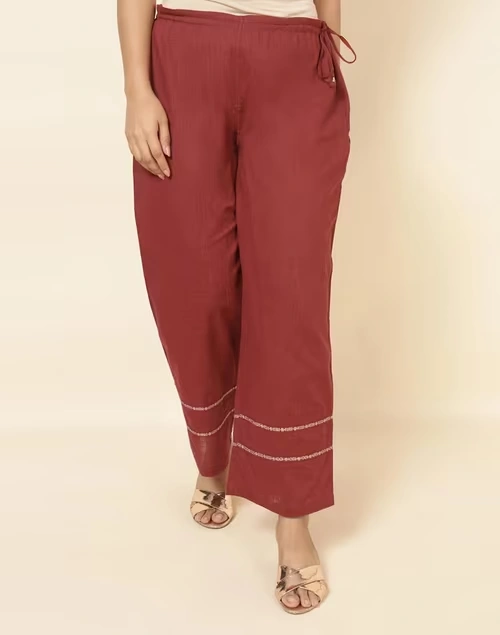 Maroon Cotton Embroidered Ijar Pant