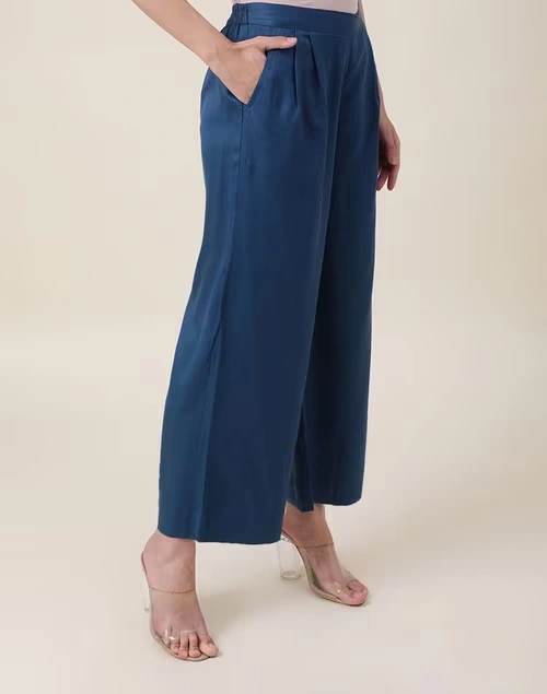 Teal Lyocell Twill Ankle Length Palazzo