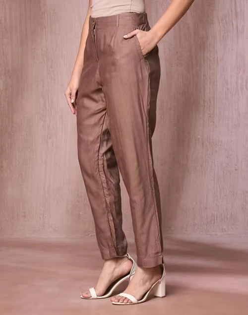 Brown Viscose Silk Slim Fit Formal Kosi Pant