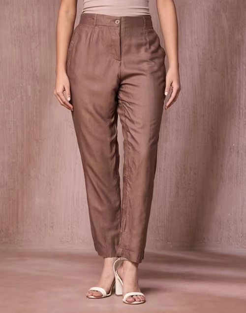 Brown Viscose Silk Slim Fit Formal Kosi Pant