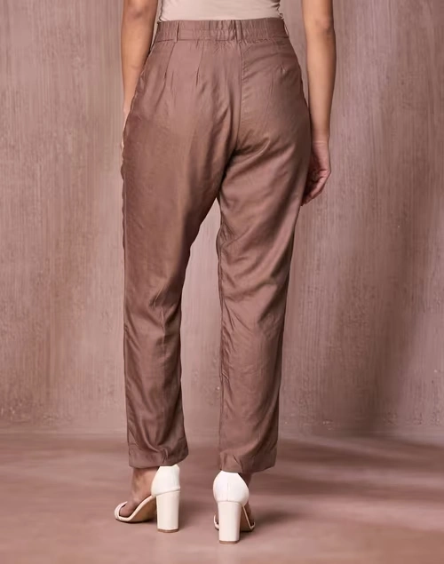 Brown Viscose Silk Slim Fit Formal Kosi Pant