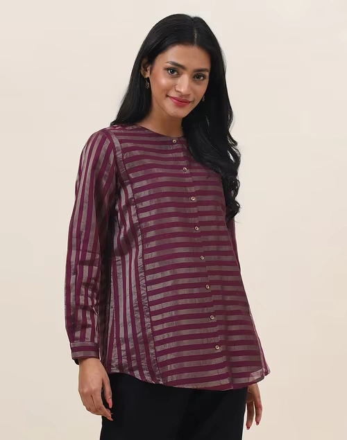 Wine Cotton Silk Blend Woven Tunic