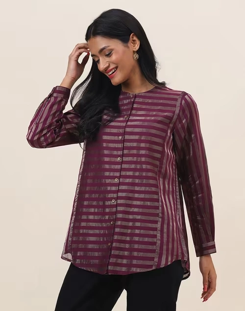 Wine Cotton Silk Blend Woven Tunic