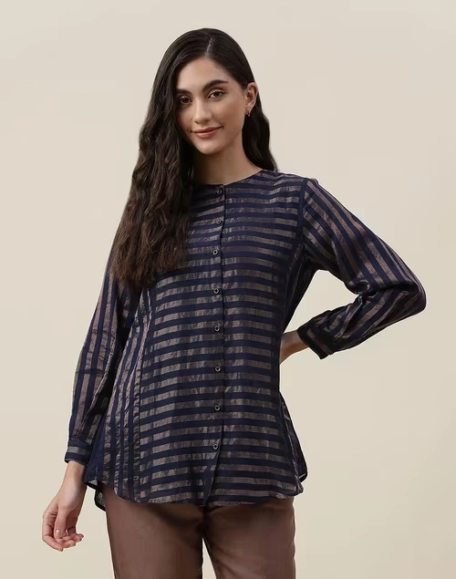 Blue Cotton Silk Blend Woven Tunic