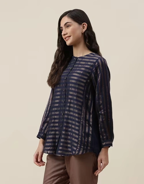 Blue Cotton Silk Blend Woven Tunic