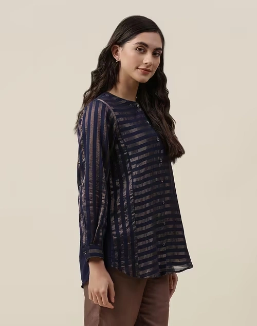 Blue Cotton Silk Blend Woven Tunic 3 Blue Cotton Silk Blend Woven Tunic