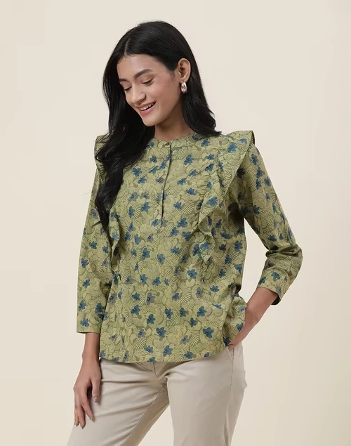 Green Cotton Printed Top