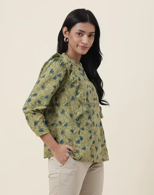 Green Cotton Printed Top