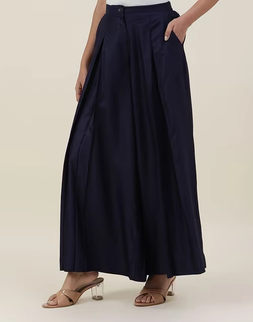 Navy Viscose Silk Full Length Palazzo