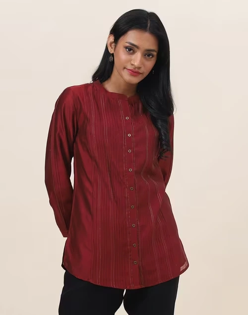 Maroon Cotton Silk Woven Tunic