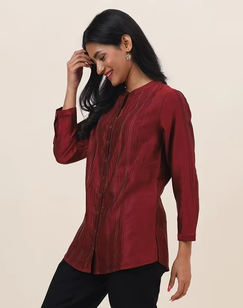 Maroon Cotton Silk Woven Tunic