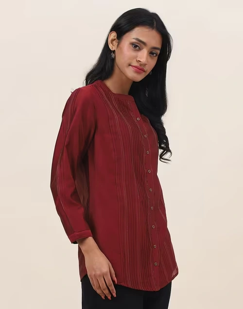Maroon Cotton Silk Woven Tunic