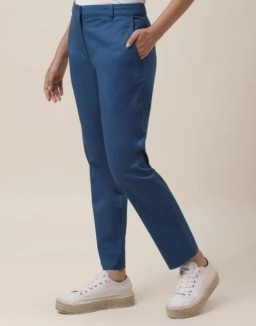 Blue Cotton Blend Slim Fit Formal Pant