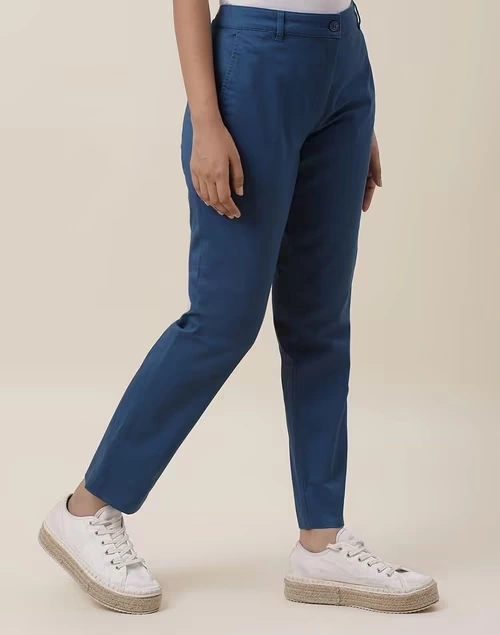 Blue Cotton Blend Slim Fit Formal Pant