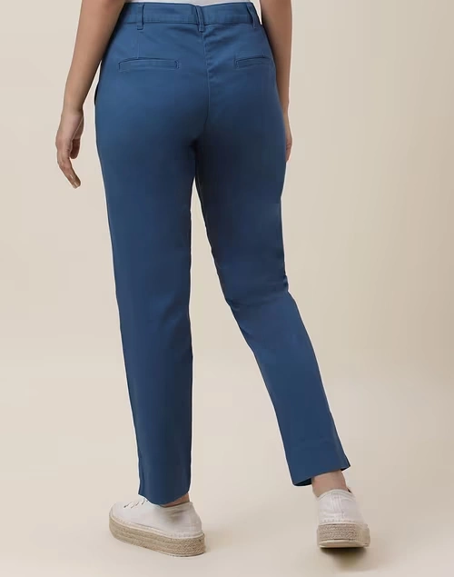 Blue Cotton Blend Slim Fit Formal Pant