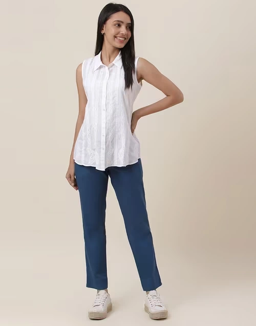 Blue Cotton Blend Slim Fit Formal Pant