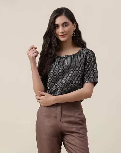 Black Brocade Woven Short Top