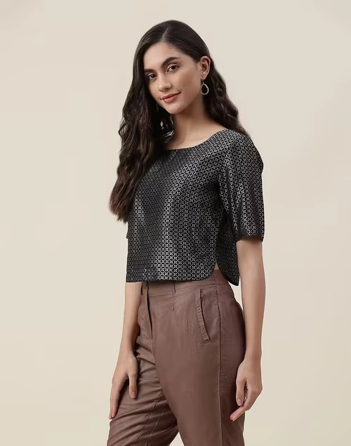 Black Brocade Woven Short Top