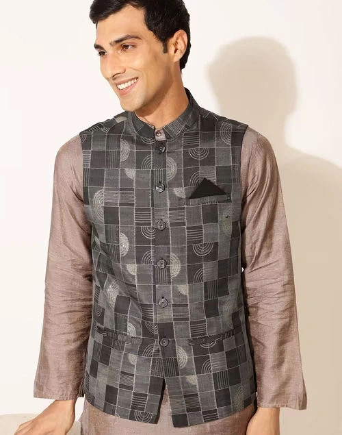 Black Cotton Silk Blend Cutwork Nehru Jacket