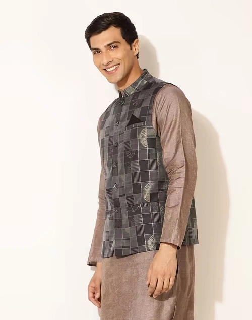 Black Cotton Silk Blend Cutwork Nehru Jacket