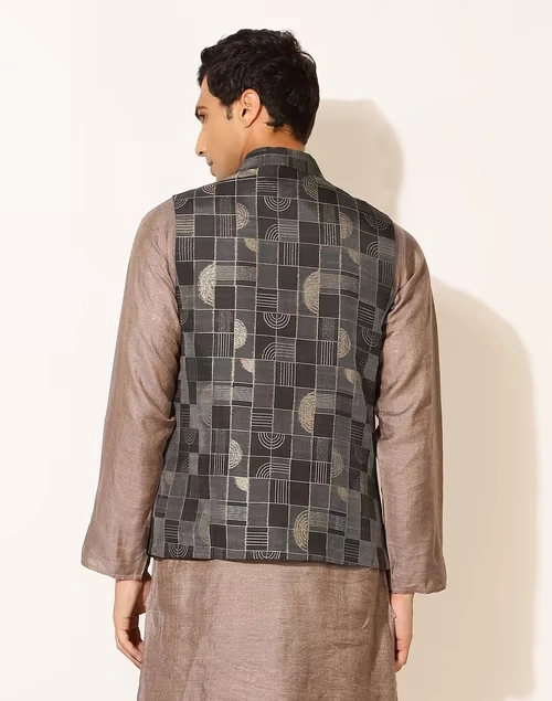 Black Cotton Silk Blend Cutwork Nehru Jacket