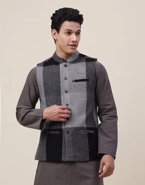 Black Wool Checks Nehru Jacket
