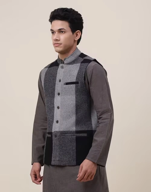 Black Wool Checks Nehru Jacket