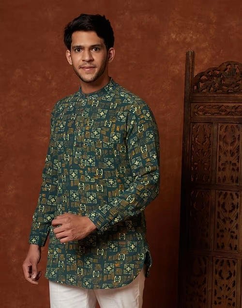 Green Cotton Printed Slim Fit Short Kurta 4 Green Cotton Printed Slim Fit Short Kurta