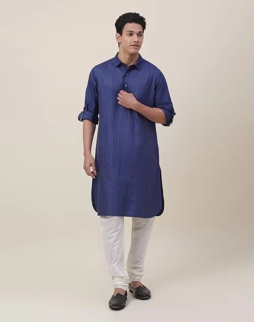 Blue Viscose Silk Embroidered Regular Fit Knee Length Pathani