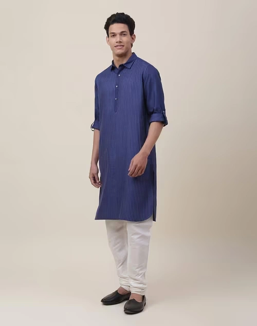 Blue Viscose Silk Embroidered Regular Fit Knee Length Pathani
