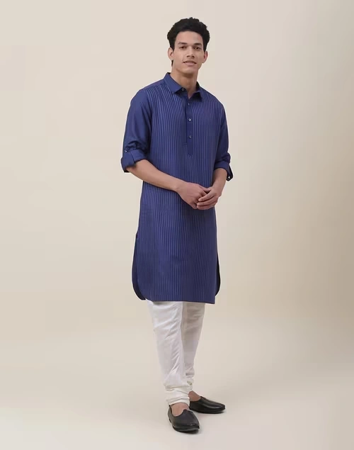 Blue Viscose Silk Embroidered Regular Fit Knee Length Pathani 3 Blue Viscose Silk Embroidered Regular Fit Knee Length Pathani