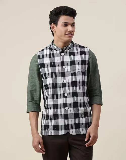 Black Cotton Checks Slim Fit Vest Jacket
