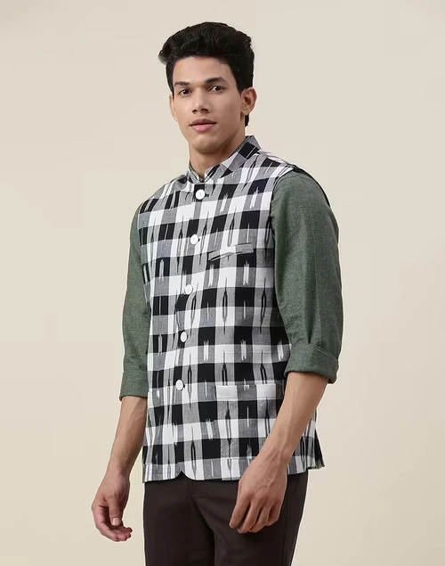 Black Cotton Checks Slim Fit Vest Jacket