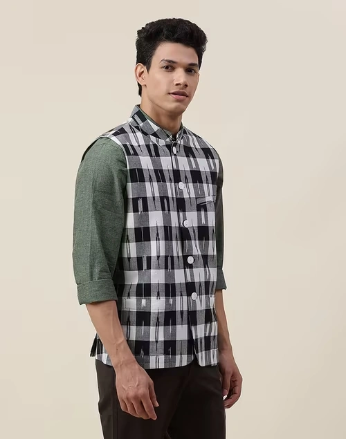 Black Cotton Checks Slim Fit Vest Jacket 3 Black Cotton Checks Slim Fit Vest Jacket