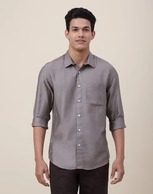 Grey Viscose Silk Slim Fit Shirt