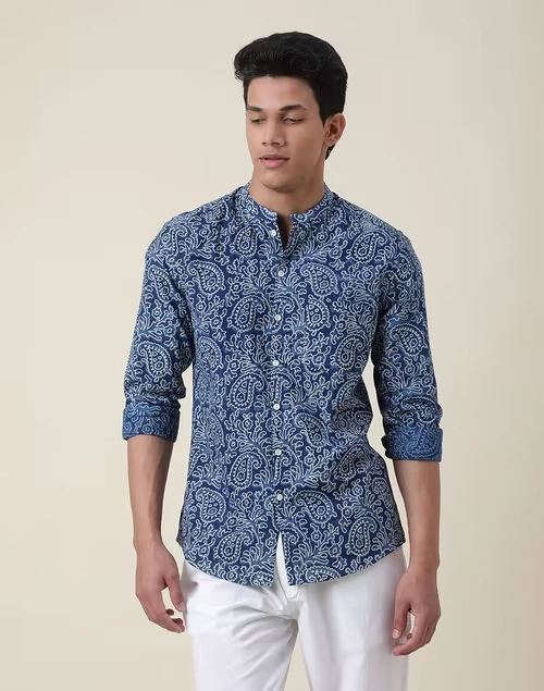 Indigo Cotton Printed Slim Fit Shirt