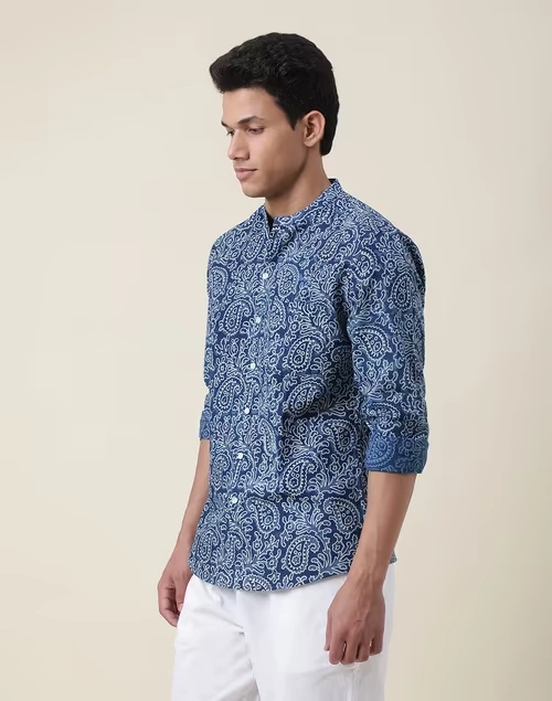 Indigo Cotton Printed Slim Fit Shirt