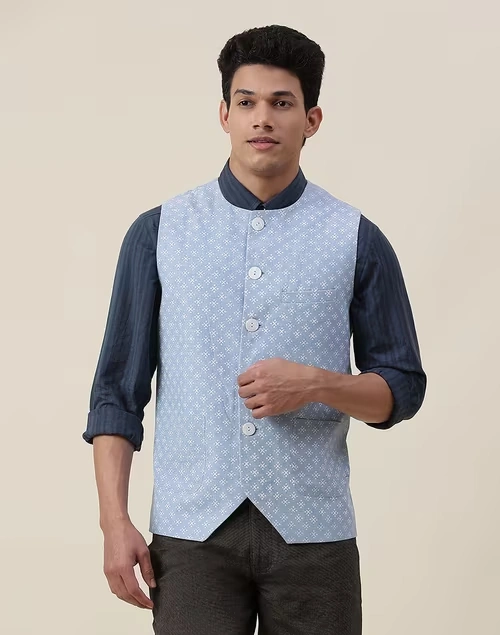 Blue Cotton Printed Slim Fit Vest Jacket