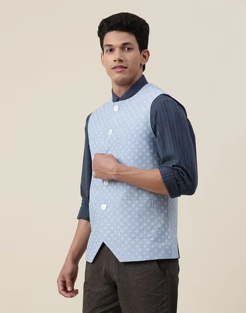 Blue Cotton Printed Slim Fit Vest Jacket