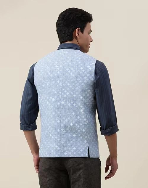Blue Cotton Printed Slim Fit Vest Jacket 4 Blue Cotton Printed Slim Fit Vest Jacket