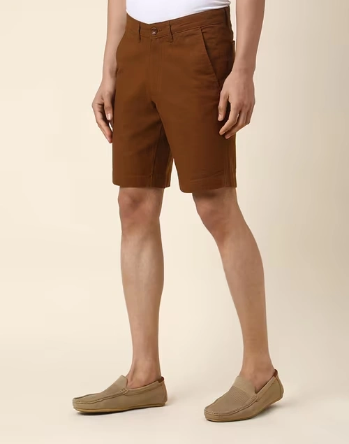 Brown Cotton Regular Shorts